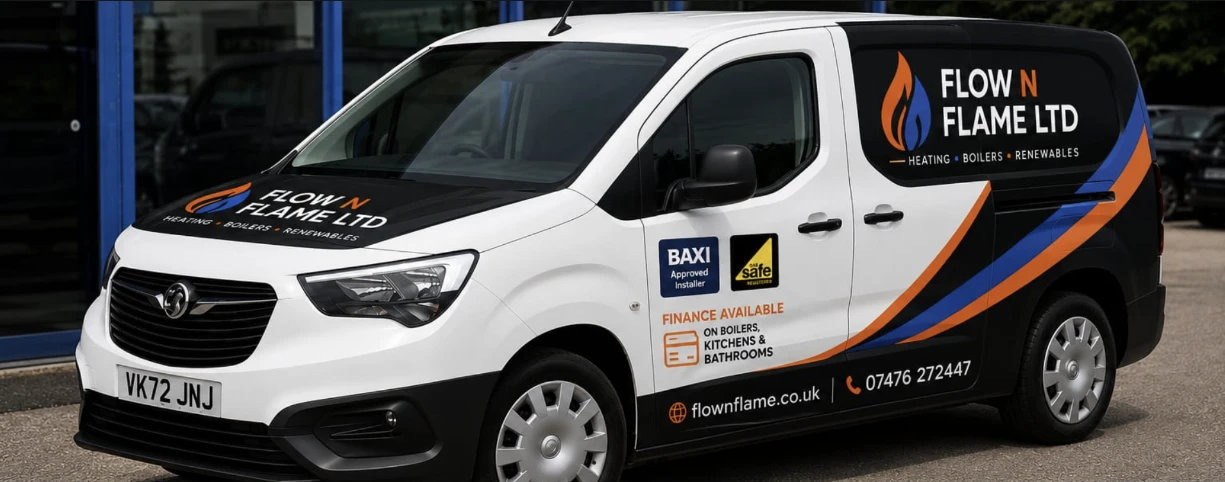 The Flow N Flame van, signwritten with the flame and droplet logo, BAXI approved installer and Gas Safe badges, and finance available on boilers, kitchens and bathrooms